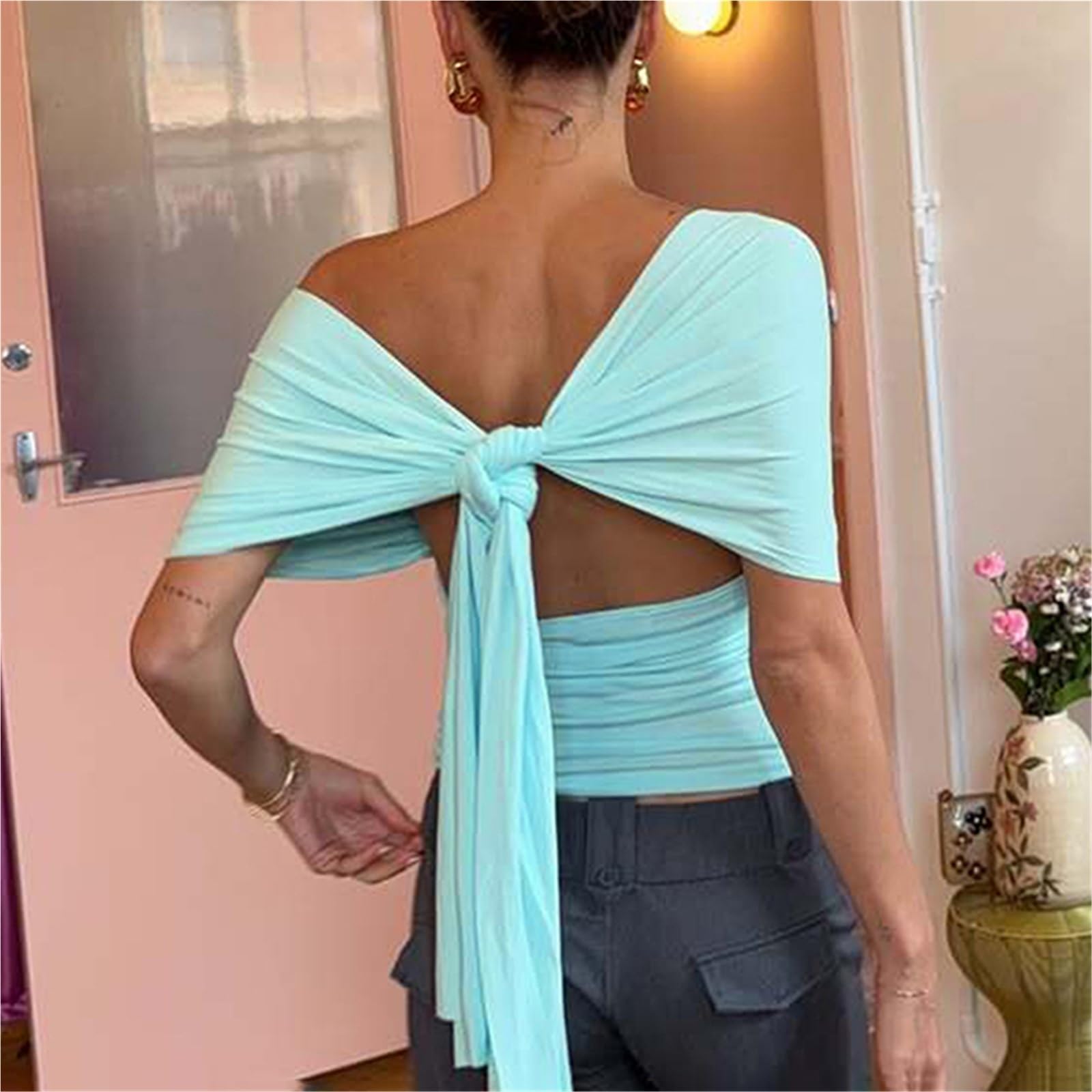 Top Halter Mujer Sin Espalda Top Moda Halter Chaleco Mujer Mangas Cuello En V Tanques Y2K Slim Club Fiesta Verano