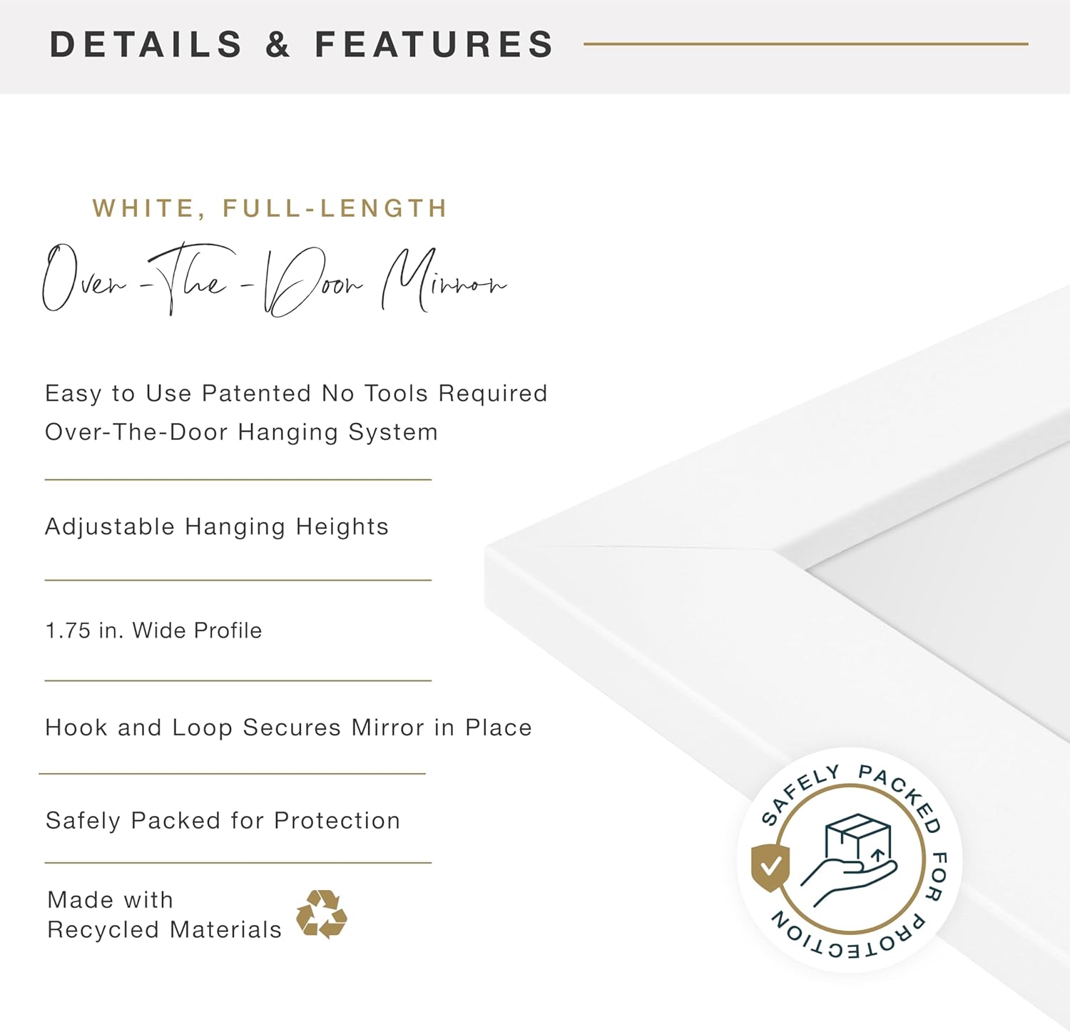 MCS 14.7x50.7 Matte White Over The Door Mirror, Full Length Hanging Mirror for Bedroom & Bathroom Doors, Lightweight Design with Patented No Tools Required Hanging System