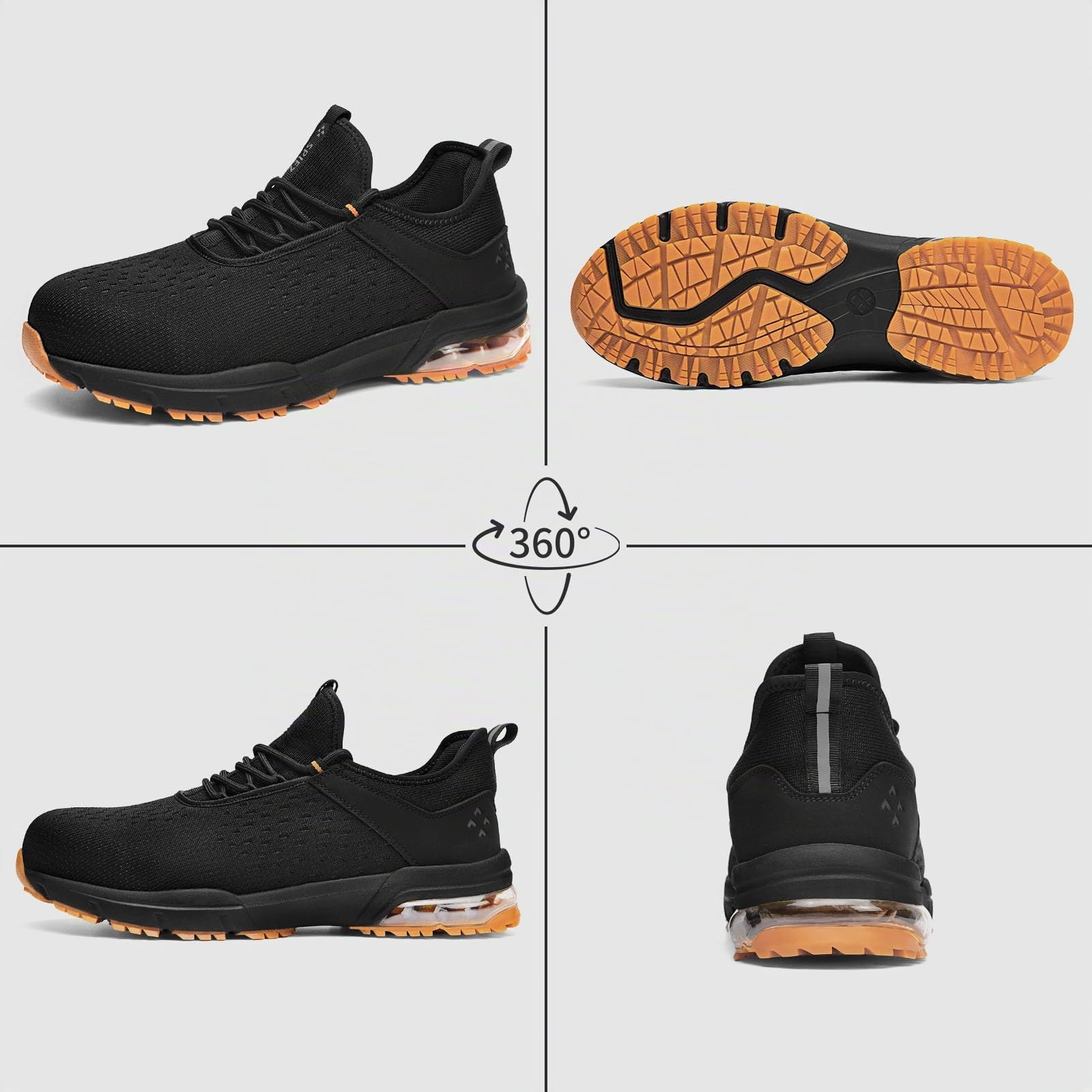 SPIEZ Zapatos de Seguridad para Hombres Mujeres - Puntera de Acero Compuesto sin Amortiguación de Aire, Diseño de Zapatilla de Moda Ligera, Comodidad de Manos Libres, Negro Naranja EU 36-46