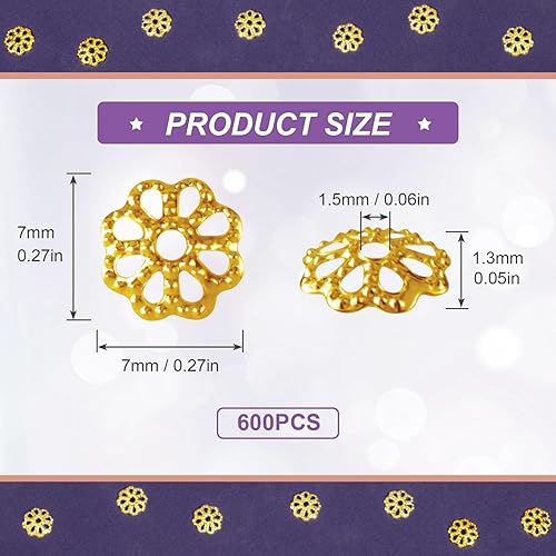 Miniatura 10 de ANCIRS 1200 cuentas espaciadoras de 0.276 in para hacer joyas, tapas de cuentas de flores de acero inoxidable para collar de pulsera, color dorado