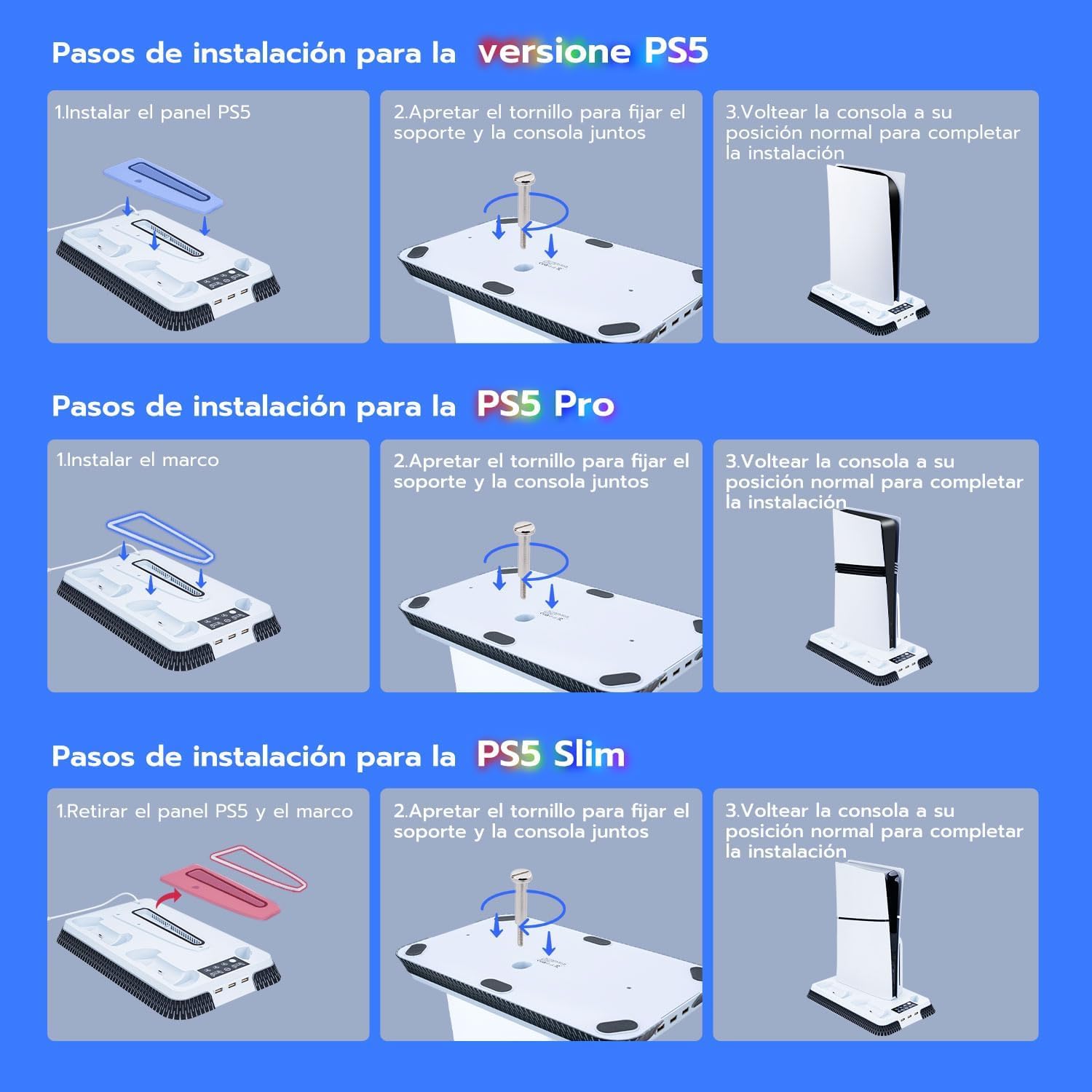 Supporto verticale per PS5 Slim Pro RGB Base Stazione di Raffreddamento con Ventilazione e Illuminazione, Ricarica per 2 Mando, Include 2 Protezioni Antiscivolo per Telecomando Regalo