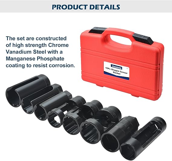 10Pcs O2 Oxygen Sensor Socket Set, 22mm 27mm 29mm Lambda Sensor Removal Tool Set Oil Pressure Sending Unit Removal Kit, 3/8 1/2 Drive