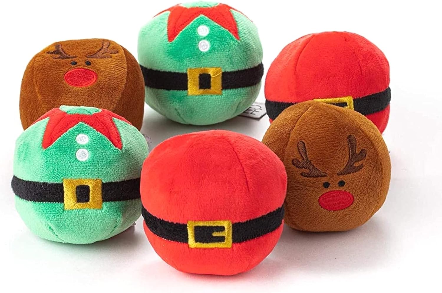 Midlee Christmas Plush Dog Balls- Pack of 6 Reindeer, Santa, Elf- Squeaky Stuffed Pet Toys
