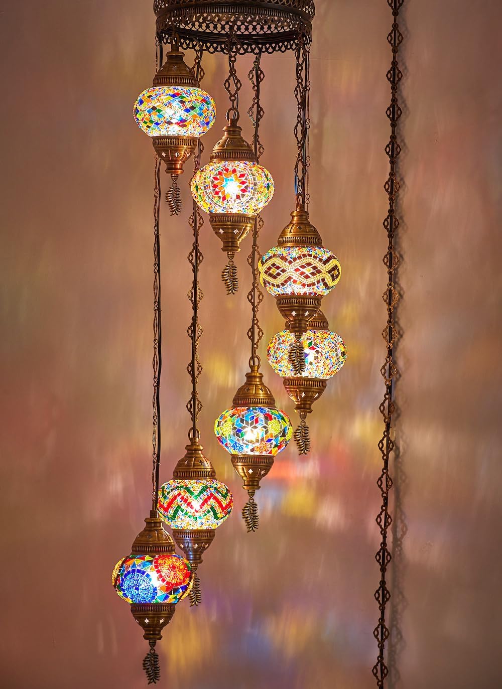 DEMMEX 7-Globe Plug-in Turkish Moroccan Mosaic Chandelier – Tiffany Style Ceiling Lamp, Hanging Pendant Light Fixture, Bohemian Swag Lighting, Handmade, 15ft Cord&Chain, Hangs 5ft, Multicolor