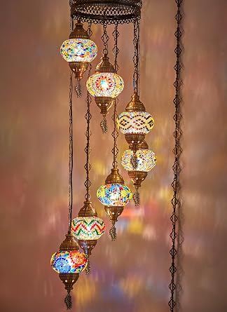 DEMMEX 7-Globe Plug-in Turkish Moroccan Mosaic Chandelier Tiffany Style Ceiling Lamp, Hanging Pendant Light Fixture, Bohemian Swag Lighting, Handmade, 15ft Cord&Chain, Hangs 5ft, Multicolor