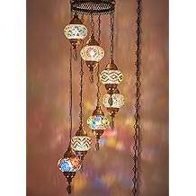 DEMMEX 7-Globe Plug-in Turkish Moroccan Mosaic Chandelier &ndash; Tiffany Style Ceiling Lamp, Hanging Pendant Light Fixture, Bohemian Swag Lighting, Handmade, 15ft Cord&amp;Chain, Hangs 5ft, Multicolor