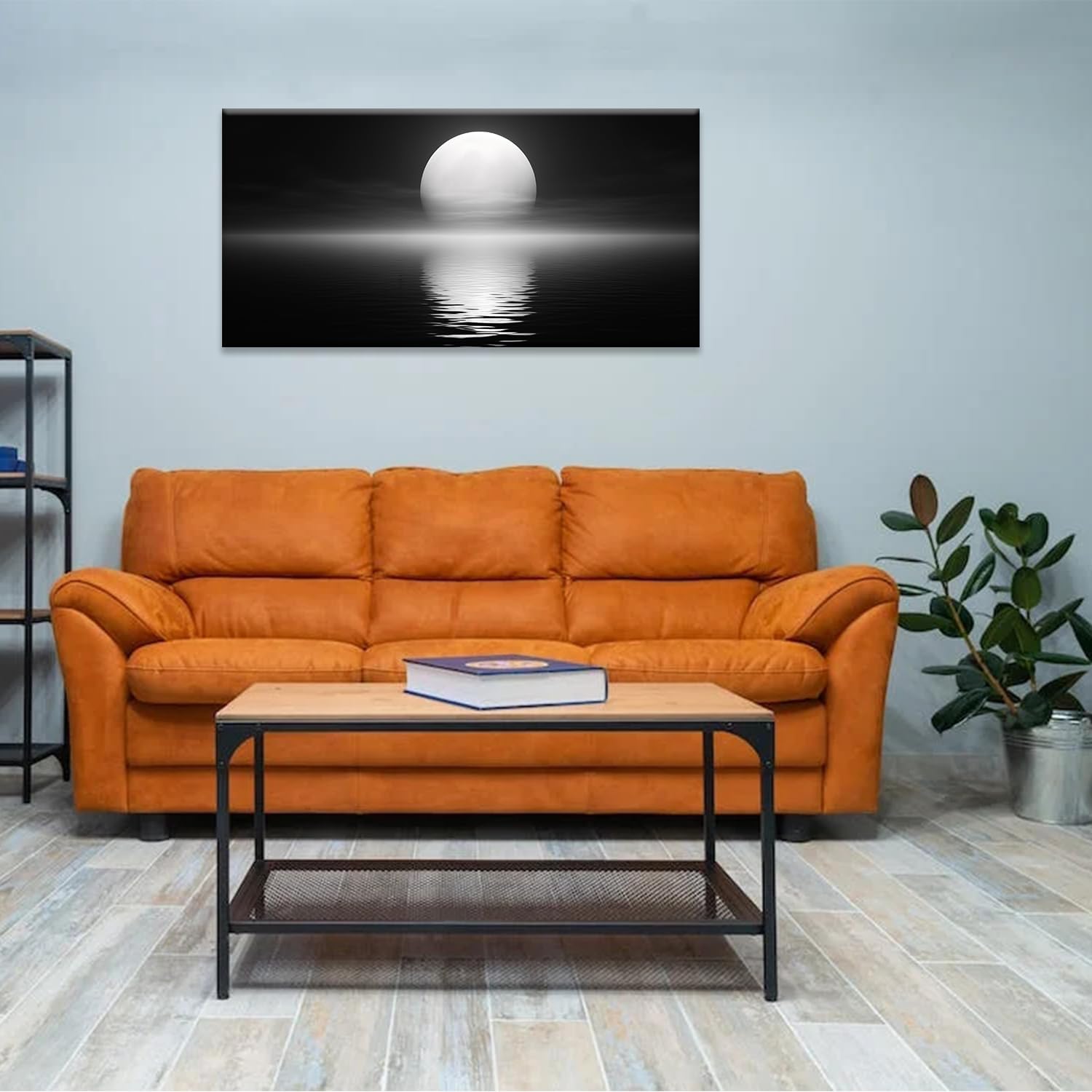 Moon Canvas Wall Art, the Moon on the Sea Poster Print Black and White Moonlight Seascape Picture Painting for Bedroom Study Decor(Artwork-03, 16"x8")