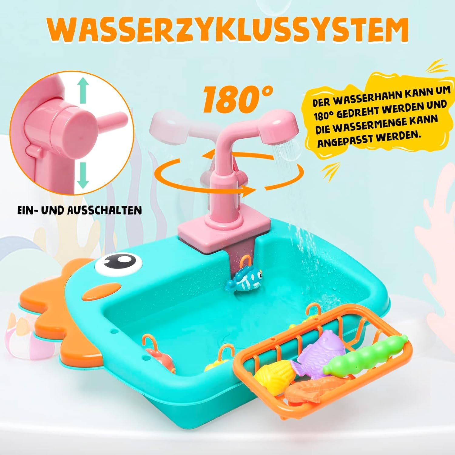 Lavandino Giocattolo con Acqua, Lavello per Bambini, Sistemi Automatici di Circolazione Dell'acquacon, Mini Lavastoviglie con Gioco di Pesca,Giocattoli di Ruolo per Ragazzi Ragazze,Verde