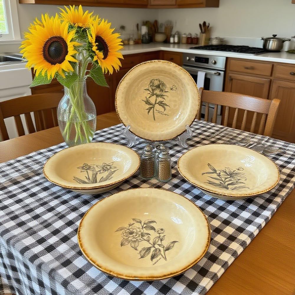 Straw Hat Plate Floral Deep Pasta Western Dinner Vegetable Salad Dessert Ceramic Household Snack Breakfast Bowl Bird'S Nest Fruit Ice Cream Soup (Camellia,8.5 inches)