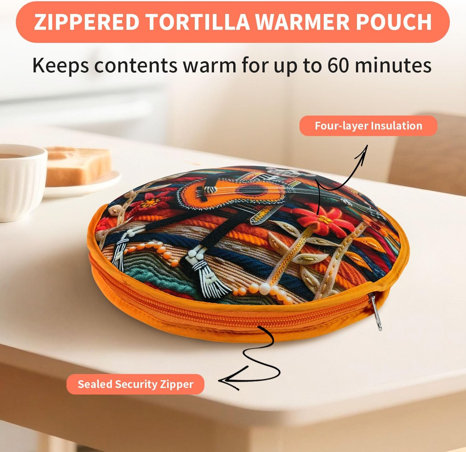 ABCKEY 12 Inch Zippered Fabric Tortilla Warmer Pouch to Keep Food Warm for Tortillas, Tacos, Naan and Pizza Rolls up to One Hour
