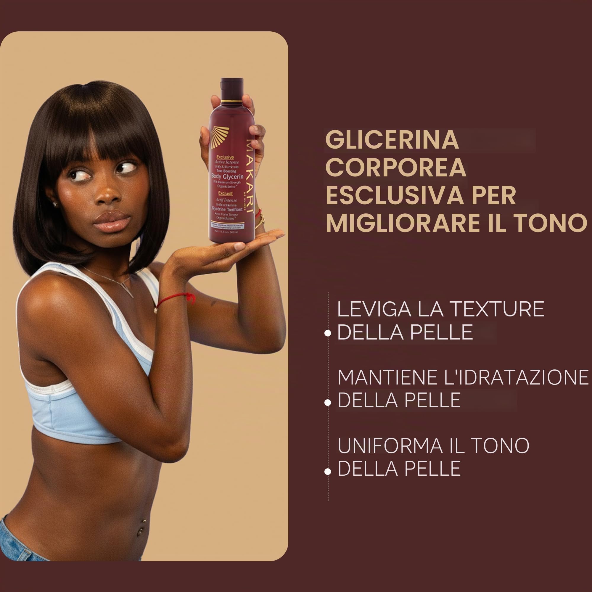 Glicerina Rischiarante Attiva Exclusive Makari [500ml] - Crema Corpo Idratante Rischiarante Makari con Organiclarine™ - Trattamento Rischiarante per Macchie Scure, Segni dell'Età e Imperfezioni