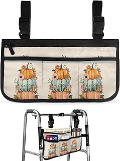 Harvest Pumpkin,Wheelchair Side Bag, Wheelchair Walker Armrest Bags with Cup Holder & Reflective Stripes, Mobility Scooter Walker Rollator Wheelchair Accessories Fall Thanksgiving Autumn Flower Leaves
