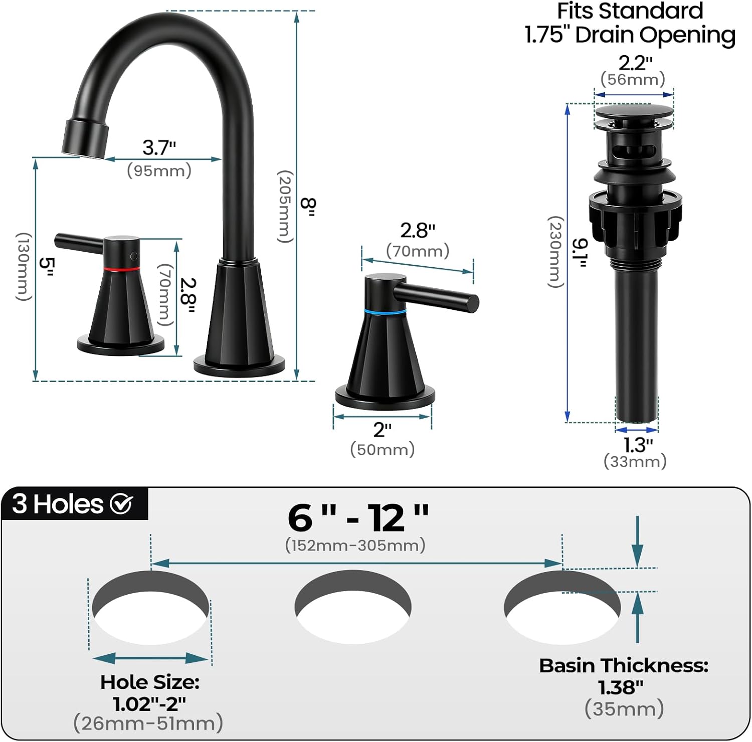 Bathroom Faucet 3 Hole,Mater Black Bathroom Sink Faucet with 360°Swivel Spout, 8 inch Widespread 2 Handle Faucet for Bathroom Sink Vanity RV with Pop-up Drain Supply Line Stainless Steel - Image 5