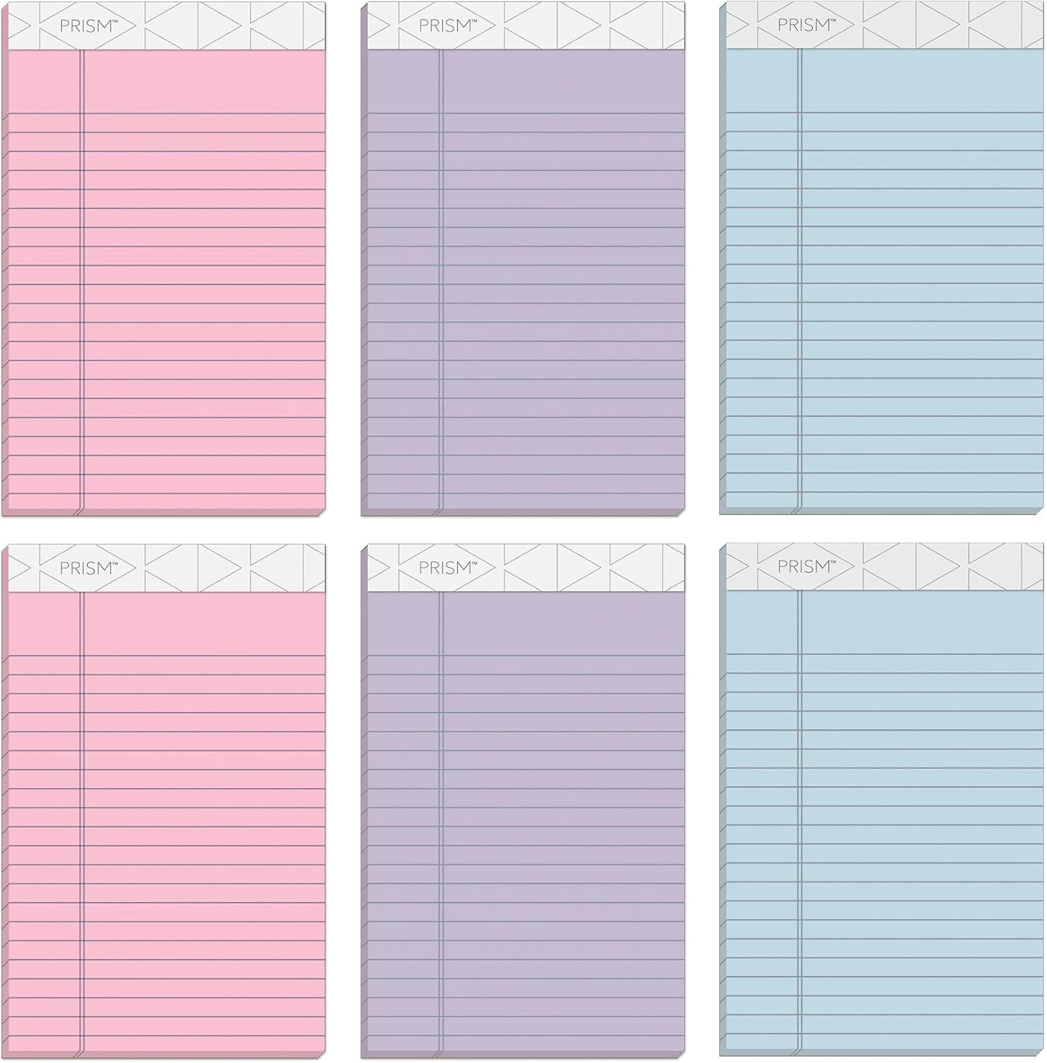 TOPS Prism Writing Pads, 5" x 8", Jr. legal Rule, Narrow 1/4" Spacing, Assorted Colors, 2 Each: Pink, Orchid, Blue, Perforated, 50 Sheets, 6 Pack (63016)