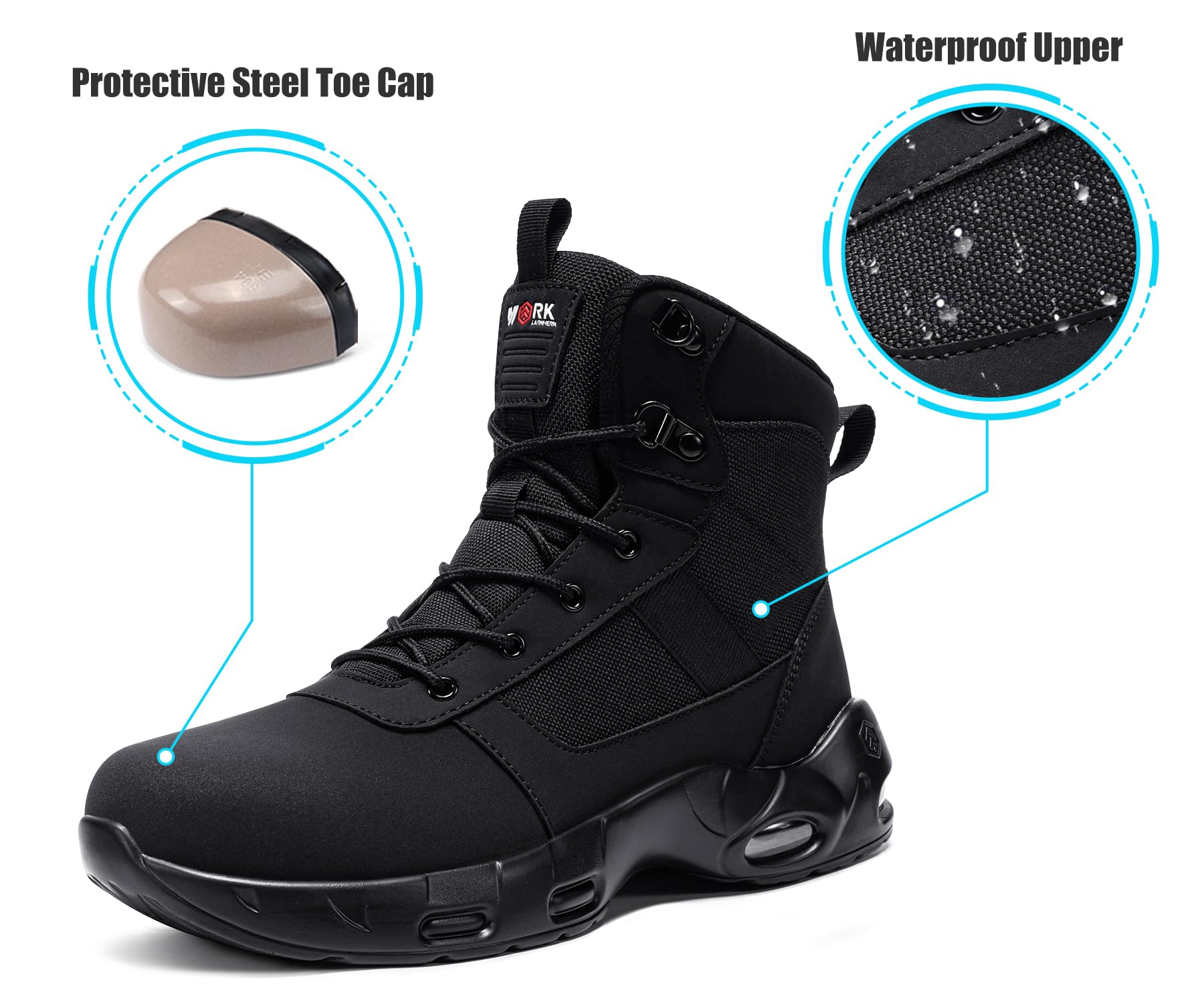 LARNMERN Sicherheitsstiefel Herren Damen Leicht Arbeitsschuhe Hoch | Sicherheitsschuhe Stahlkappenschuhe Wasserdicht Schwarz Bequeme Atmungsaktive Dämpfung Sportlich Industrie Lager