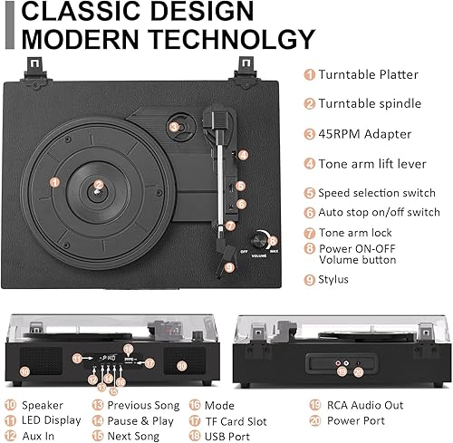 Miniatura 6 de Tocadiscos de vinilo Bluetooth con dos altavoces incorporados, unidad de correa de grabación USB, tocadiscos de 3 velocidades para discos de vinilo,