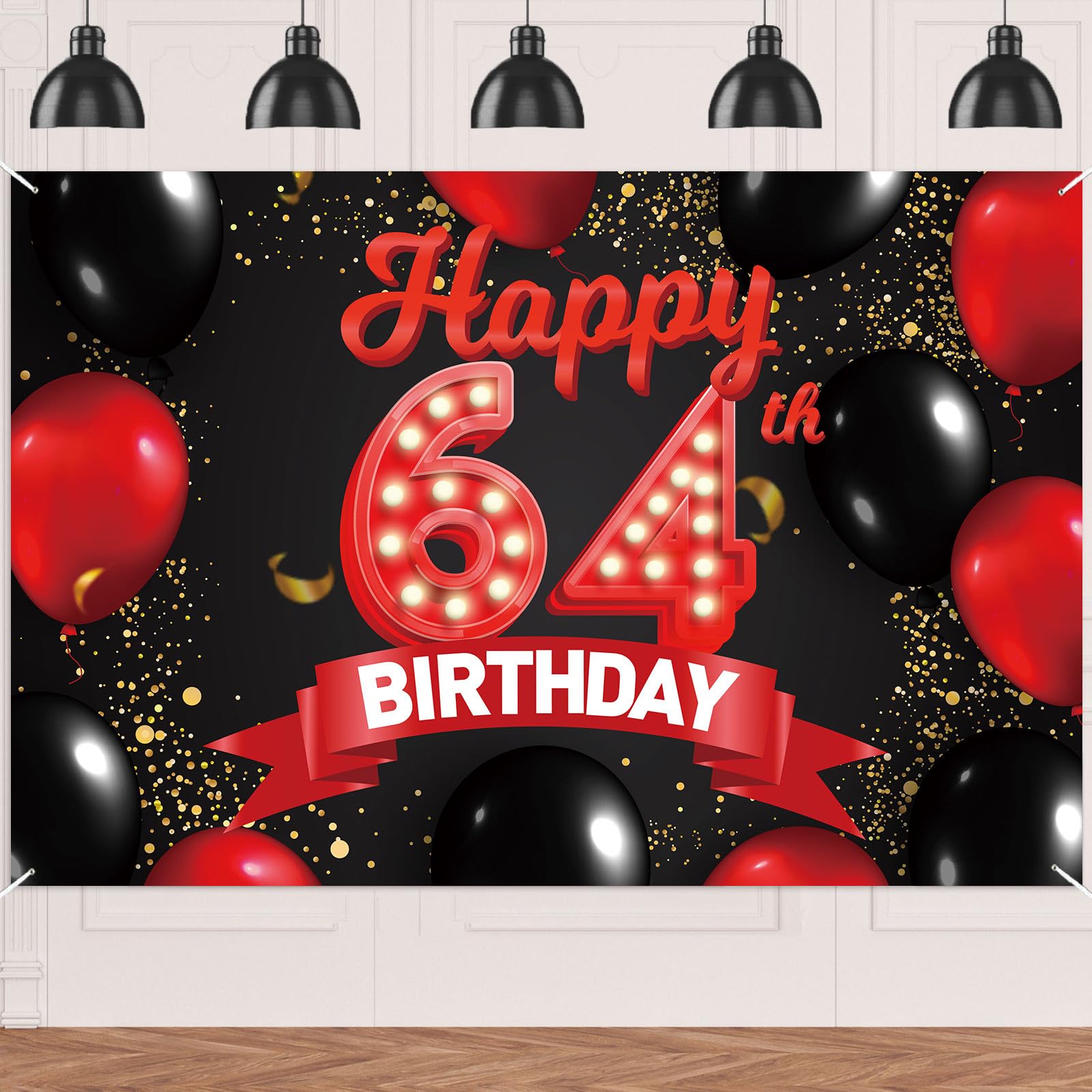NhRBn64 Happy Birthday Banner Happy 64th Birthday Red and Black Banner Backdrop Decorations Balloons Theme Decor for Girls Women Princess 64 Years Old Birthday Party Bday Photo Booth Props Supplies