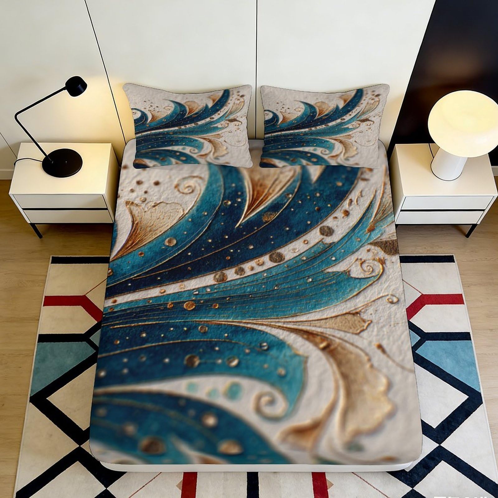 3D Printed Blue Gold Abstract Fitted Sheet Microfiber Bedroom Decor Swirl Pattern Mattress Cover for Home Dorm 140x200x25cm