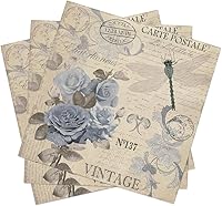 Vista 4 de Rose Paper Napkins CART POSTAL ROSES 40pcs Cocktail Rose Napkins for Decoupage, Vintage Blue Roses on Fleur de lis Tissue Paper, Vintage Paper