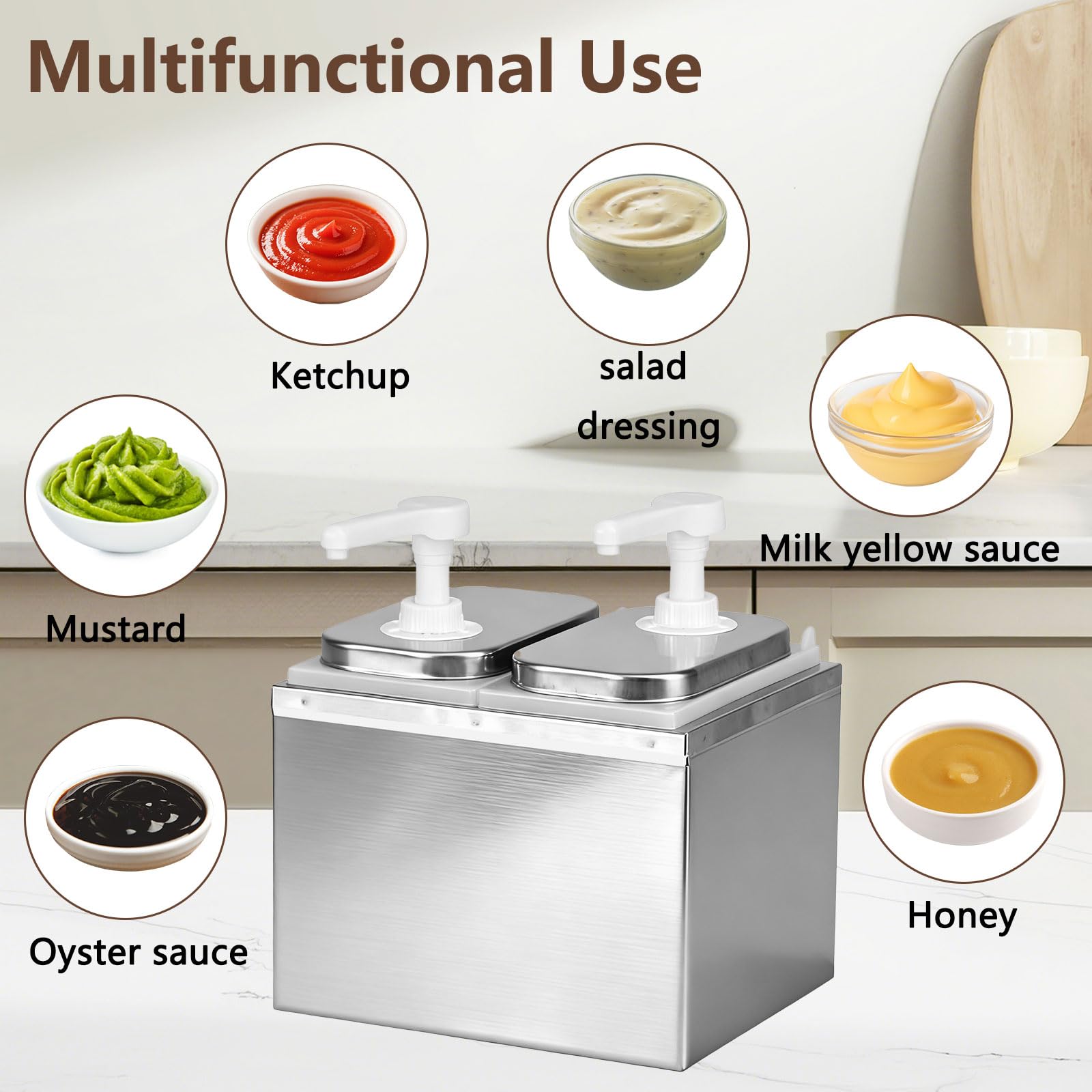 4L Ketchup Spender, Saucenspender mit 4 Pumpen, Edelstahl-Gewürzpumpstation Gewürz-Saucen-Pumpenspender, Salat-Marmeladen-Gewürz-Gewürz-Quetschpumpenbehälter für Küche und Restaurant