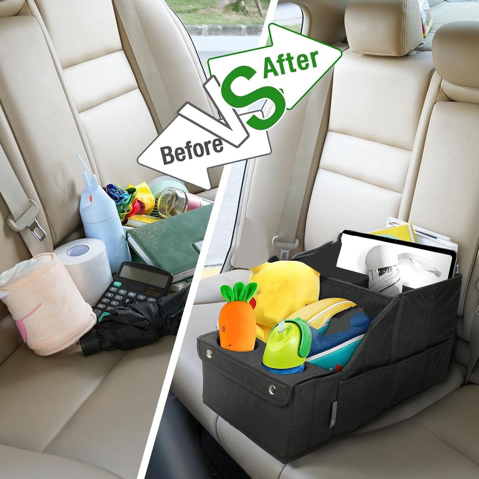 Asixxsix Organizzatore del Seggiolino per Auto, Organizzatore di Auto Sul Sedile Posteriore con Portate da 2 Tazze e 11 Sterzo Scomparti Pieghevoli di Stoccaggio del Sedile