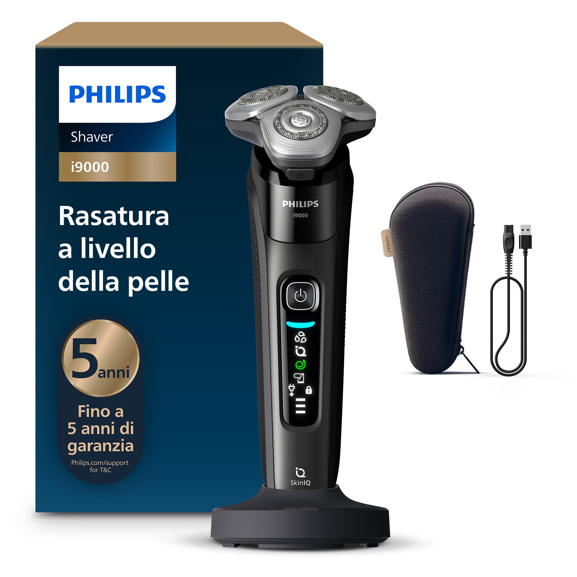 Philips Shaver i9000, rasoio elettrico Wet & Dry, inchiostro nero, con tecnologia Skin IQ, triplo sistema di sollevamento e taglio, doppie lame di precisione rotanti a 360 gradi in acciaio, X9000/10