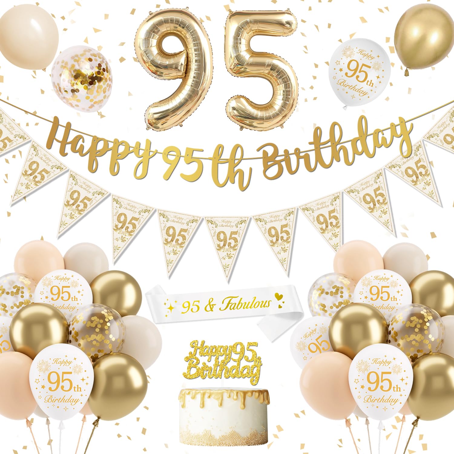 95th Birthday Decoration for Women Men, Gold White Birthday Balloons