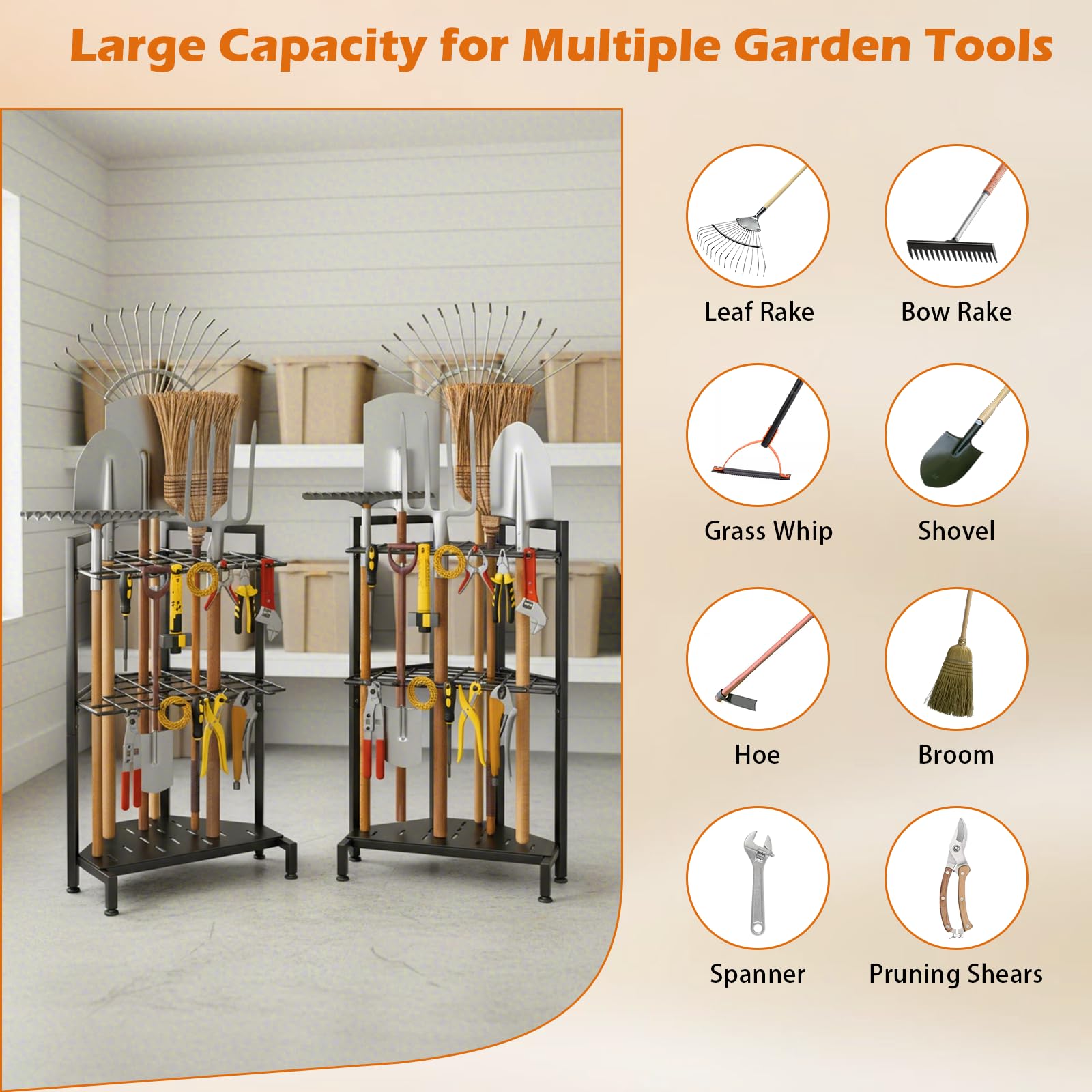 Porta Attrezzi da Giardino,Organizer per Attrezzi da Giardino,Supporto Metallo con 3 Livelli e Ruote, Conservazioneper Fino a 35 Attrezzi/Scope/Rastrelli a ManicoLungo