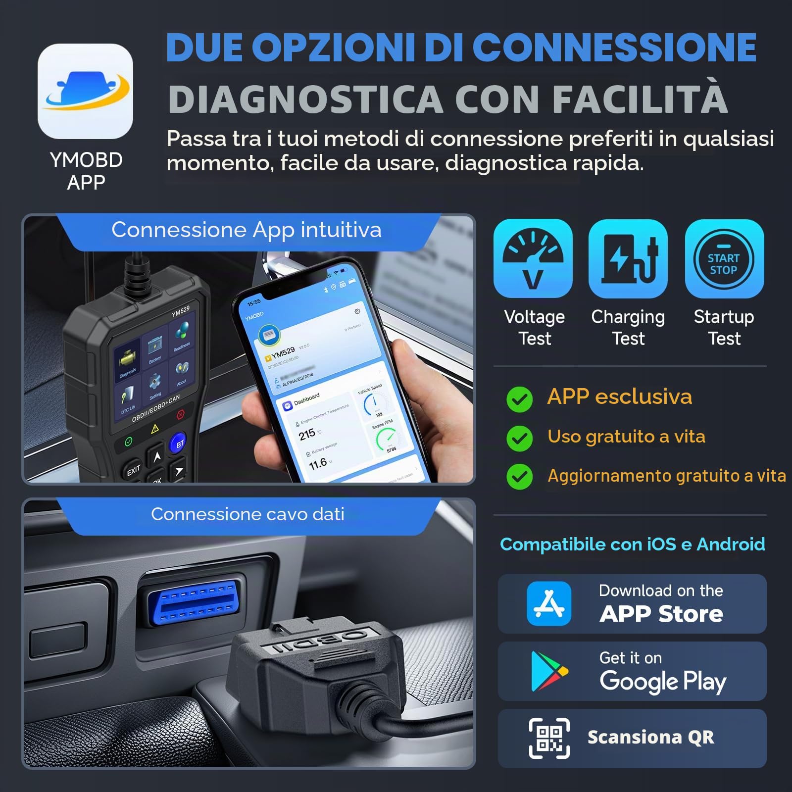 Professional OBD2 Scanner con tester della batteria - strumento diagnostico per automobili, 3D UI 2,8 pollici IPS schermo TPU case, lettura e cancellazione codici di errore, nero