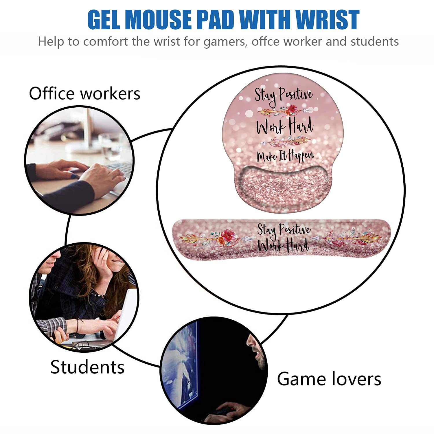 Juego de reposamuñecas para teclado y alfombrilla de mouse con posavasos, cita inspiradora para mantenerse positivo, trabaja duro y haz que suceda, alfombrilla de mouse con base de poliuretano