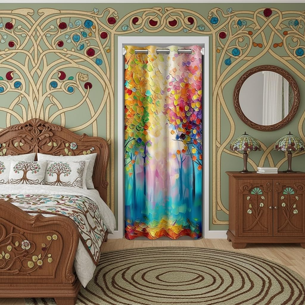 Trees Door Curtain for Doorway Privacy,Oil Painting Aesthetic Closet Door Cover Curtain for Bedroom Living Room,Modern Leaves Abstract Room Darkening Curtain Yellow Purple Green Curtain,W34 X L80