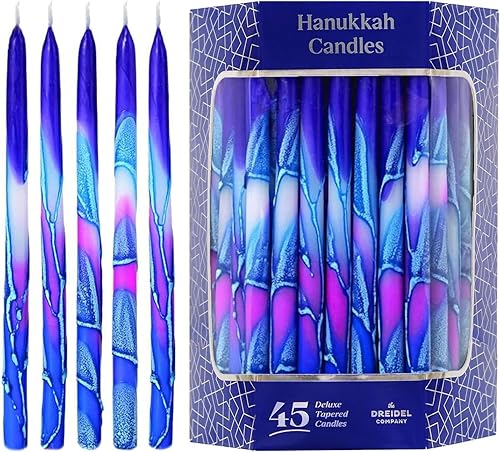Miniatura 5 de Velas de Hanukkah sin goteo azul y rosa multisalpicaduras, decoradas a mano cónicas prémium (paquete de 2)
