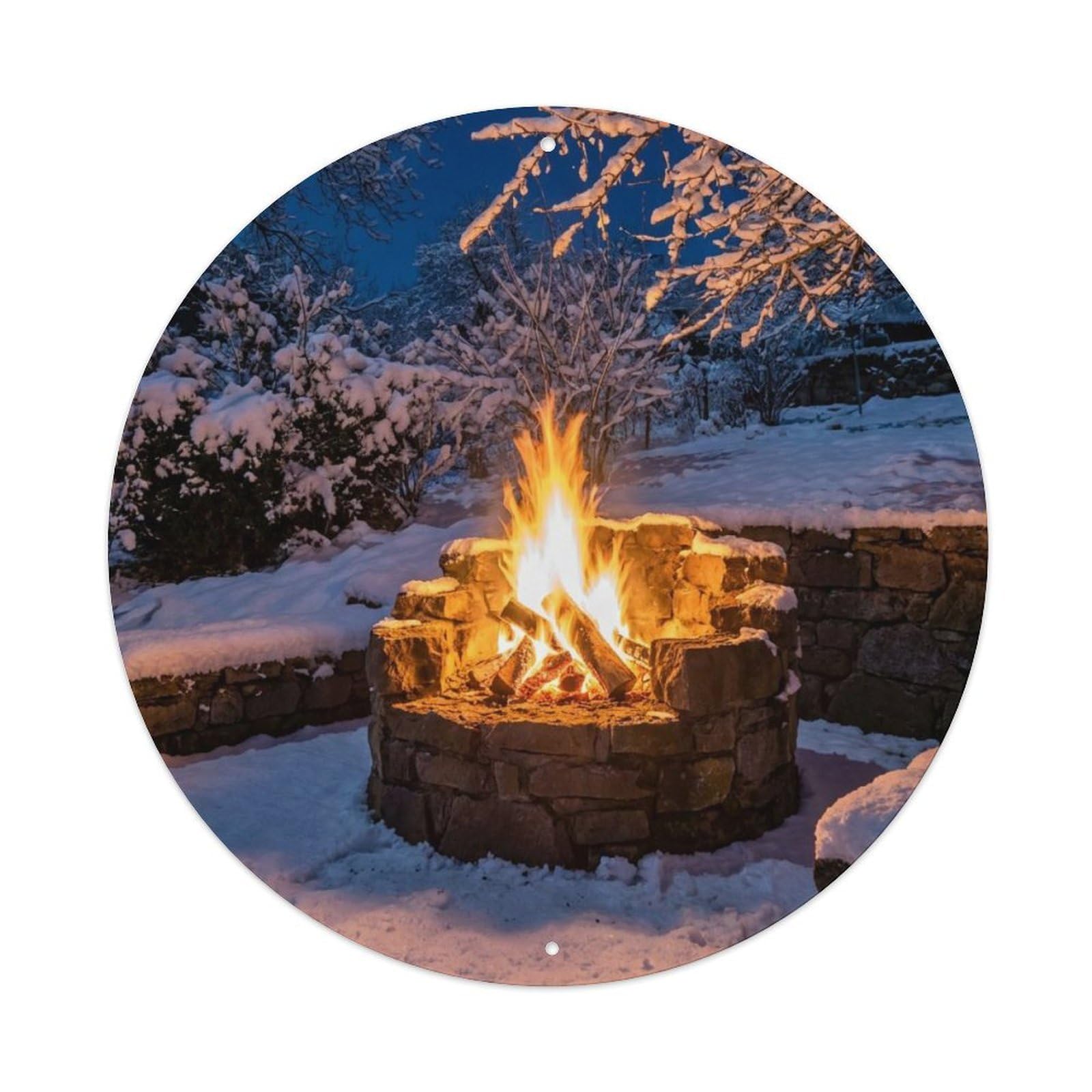 Zen Landscape Courtyard Winter Fire Pit Meditation Healing Metal Tin Sign Plaque Wall Decor for Cafe, Man Cave, Club Bar, Office, Home Garden Round Metal Poster 8x8Inch