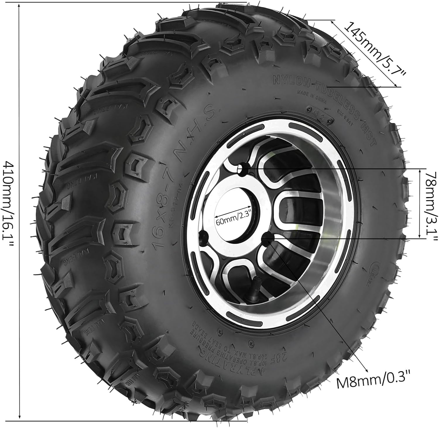 2 Pack 16x8-7 ATV & Go Kart Tires with 3-Bolt Aluminum Rim, Tubeless Nylon 4PLY, Rear Wheel Hubs for Drift Trike, UTV, Buggy, Lawn Mower, Mini Bike (17T Spline Hubs)