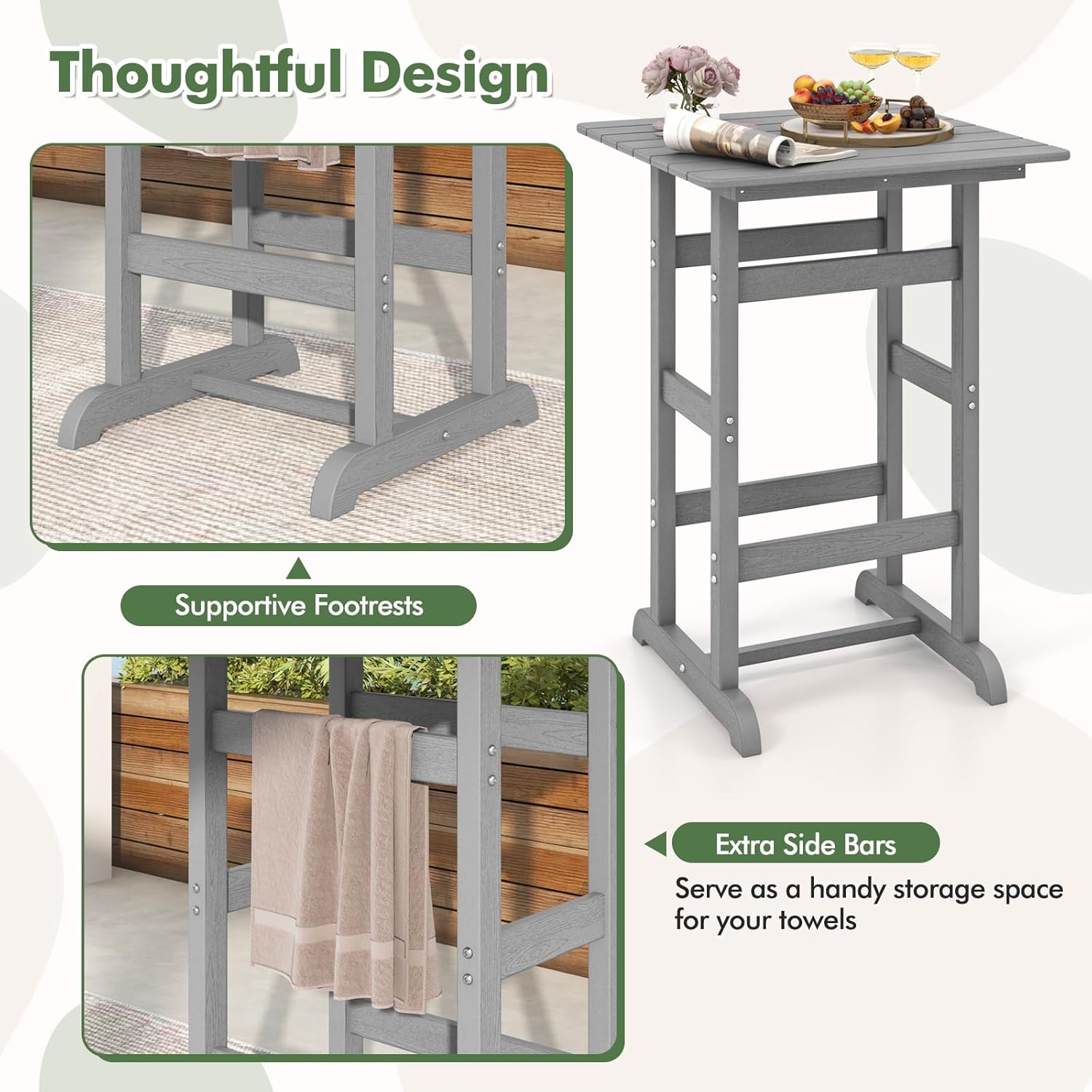 Giantex 42" Height Outdoor Tall Bar Table, HDPE Square Pub Tables with Wood Grains, High Top, Cocktail Bistro Table for Adirondack Chairs, Patio, Garden, Poolside, Yard, Balcony, Grey