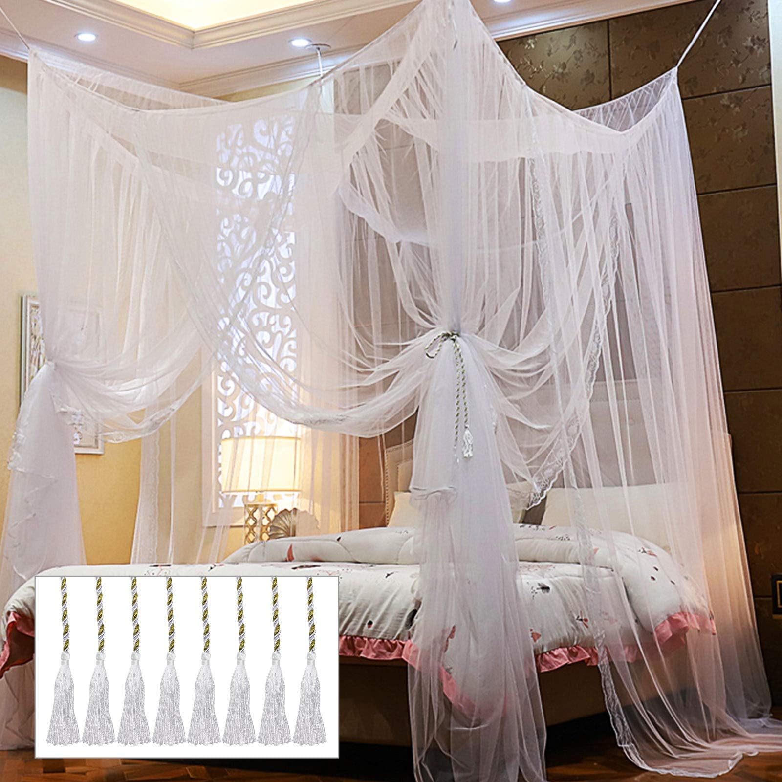 NALACAL 4 Corner Post Bed Canopy, Elegant Curtain Net for Full/Queen/King Size Bed (White)
