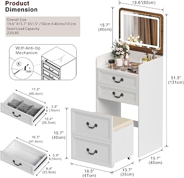 Lvifur 3 in 1 Vanity Desk with Flip Top Mirror and Lights,Small Compact Vanity with Charging Station,Glass Top Makeup Vanity w/3 Drawers,Rolling Cushioned Stool,White