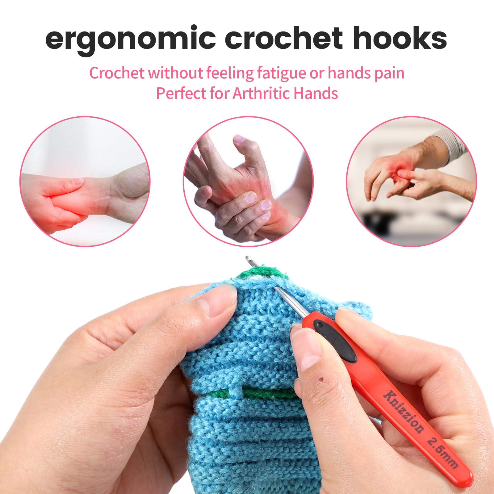 Juego de 37 ganchos de ganchillo, 10 tamaños (2.0-6.5 mm) de acero inoxidable con asas ergonómicas con funda E, perfecto para principiantes y profesionales, kit de ganchillo duradero para todos los