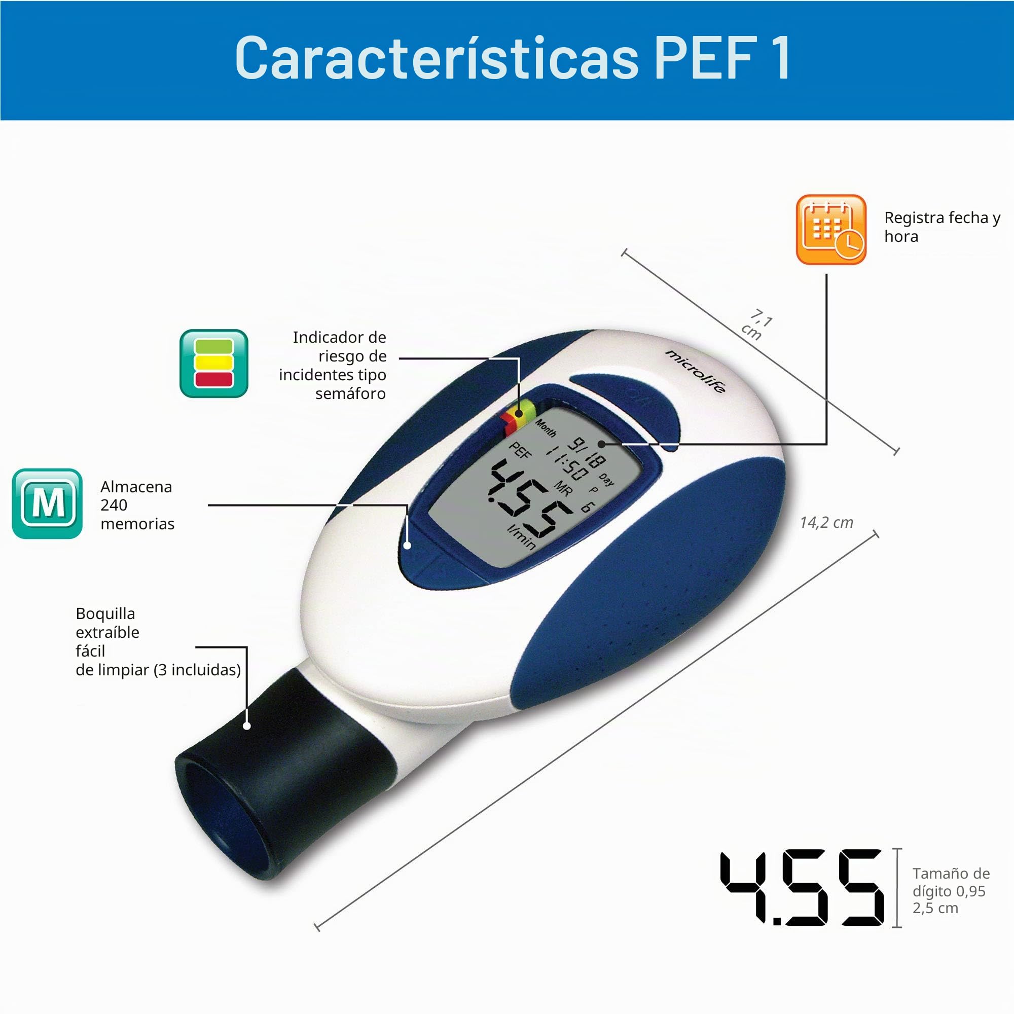 Microlife PF-100 - medidor de asma y flujo máximo | medición de flujo espiratorio (PEF) y medición de volumen espiratorio forzado (VEF1)