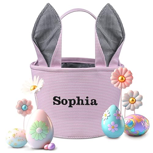 Cesta de Pascua personalizada, cestas de Pascua de PEMIRSAYO para niños, cesta de conejo de Pascua, color rosa