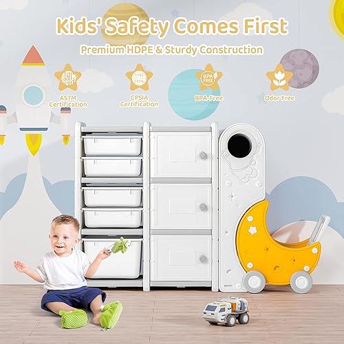 Miniatura 7 de duke baby Organizador de almacenamiento de juguetes de 3 capas para niños con 5 contenedores de almacenamiento, 3 gabinetes de juguetes con puertas,