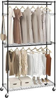 VEVOR Heavy Duty Clothes Rack, Rolling Clothing Garment Rack with 3 Storage Tiers, 2 Rods and 2 Pairs Side Hooks, Adjustable Height Clothing Rack Closet for Hanging Clothes, 400 Lbs Load Capacity