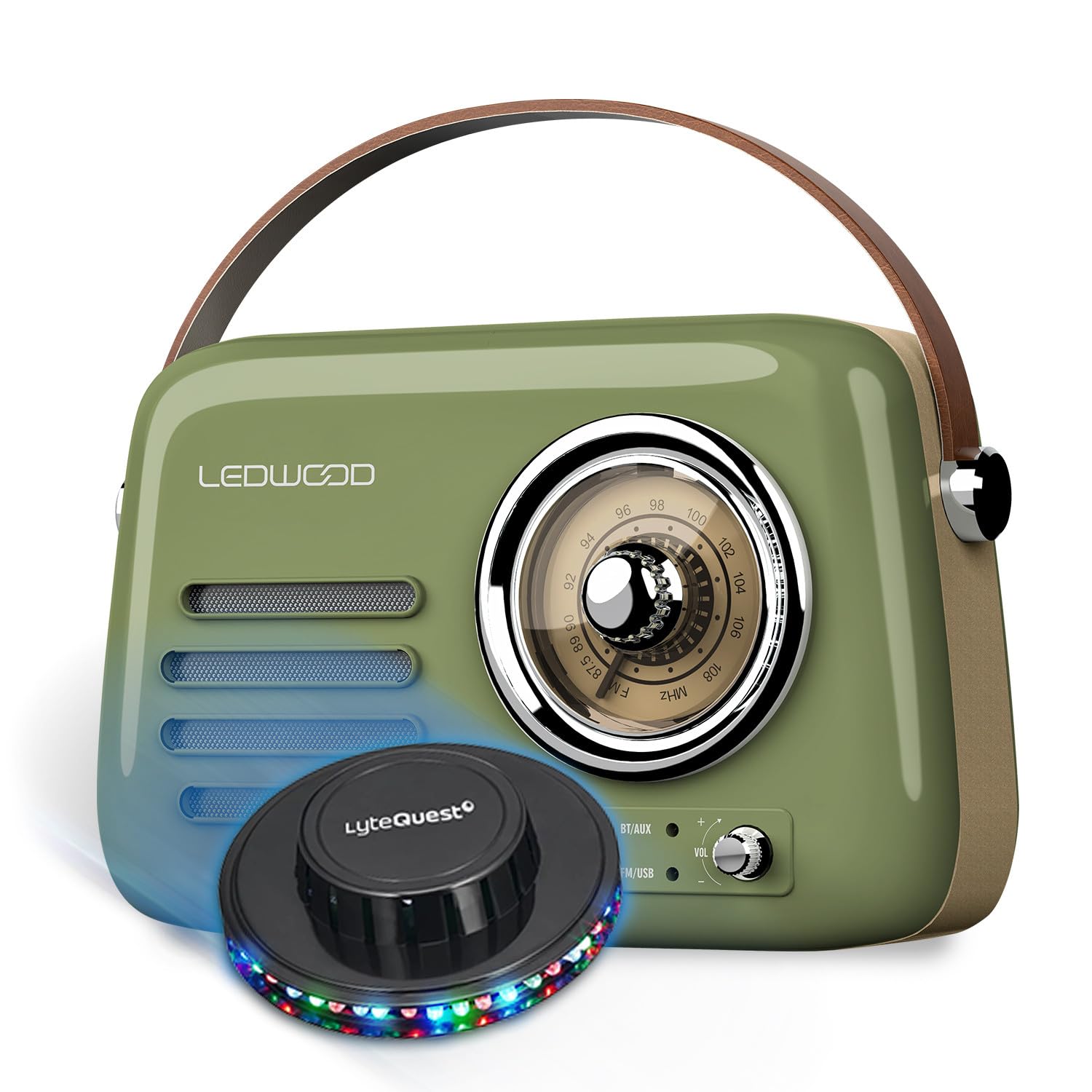 Radio Vintage Portable Ledwood Alma, FM, Bluetooth Entrée USB, Puissance 30W Batterie 1500mAh, Retro Vintage Vert Olive OVNI LED