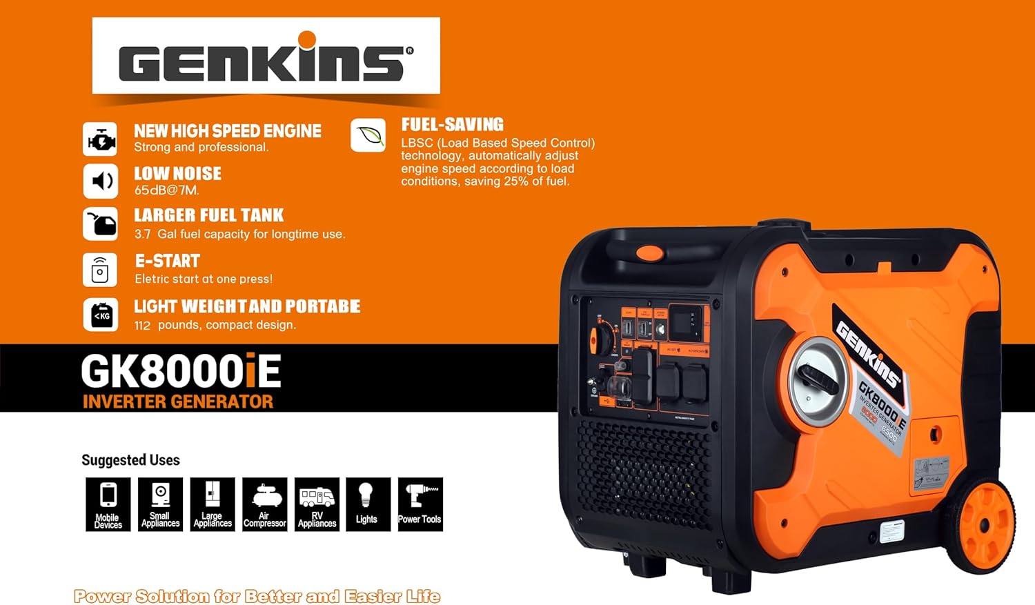 8000 Watts Portable Inveter Generator Quiet Operation Electric Starter Gas Powered Wheel Kit Included Gas Powered Perfect for Camping, Recreation, Emergercy Back UP etc