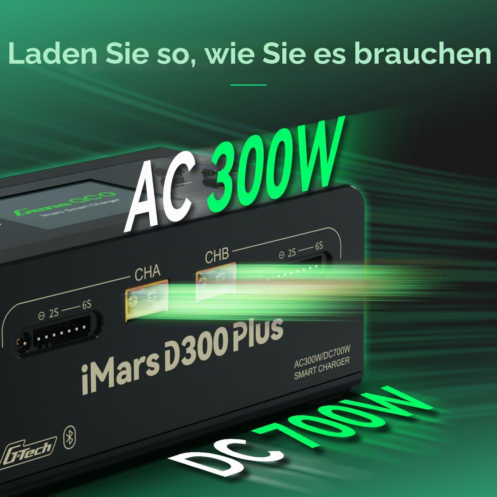 Gens ace iMars D300 Plus Bluetooth Smart Ladegerät, Dual-Channel AC/DC RC Akku Lader, AC 300W / DC 350W×2, max. 16A, für 2–6S LiPo, Schwarz