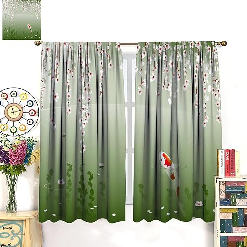 Miniatura 8 de Koi - Cortinas de peces de primavera, estampado de estanque de cerezos con estampado de peces de paisaje, dormitorio, sala de estar, verde, 55 x 63