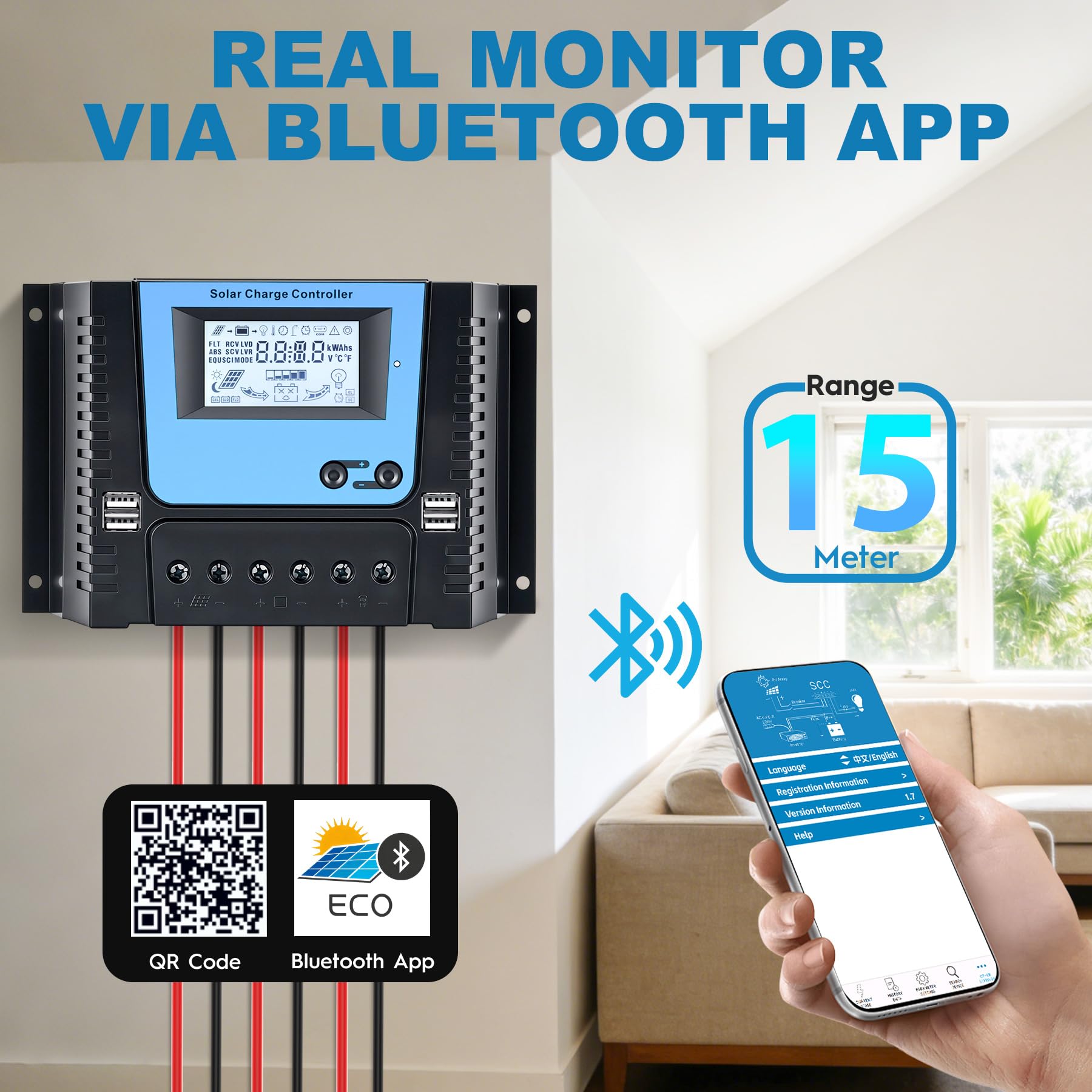 80A Regolatore di Carica Solare Con Bluetooth, PWM 80A Regolatore Carica Solare con Sensore Temperatura, LCD Display, 4 USB porte, Adatto varie 12V 24V 36V 48V Piombo e Litio Batterie