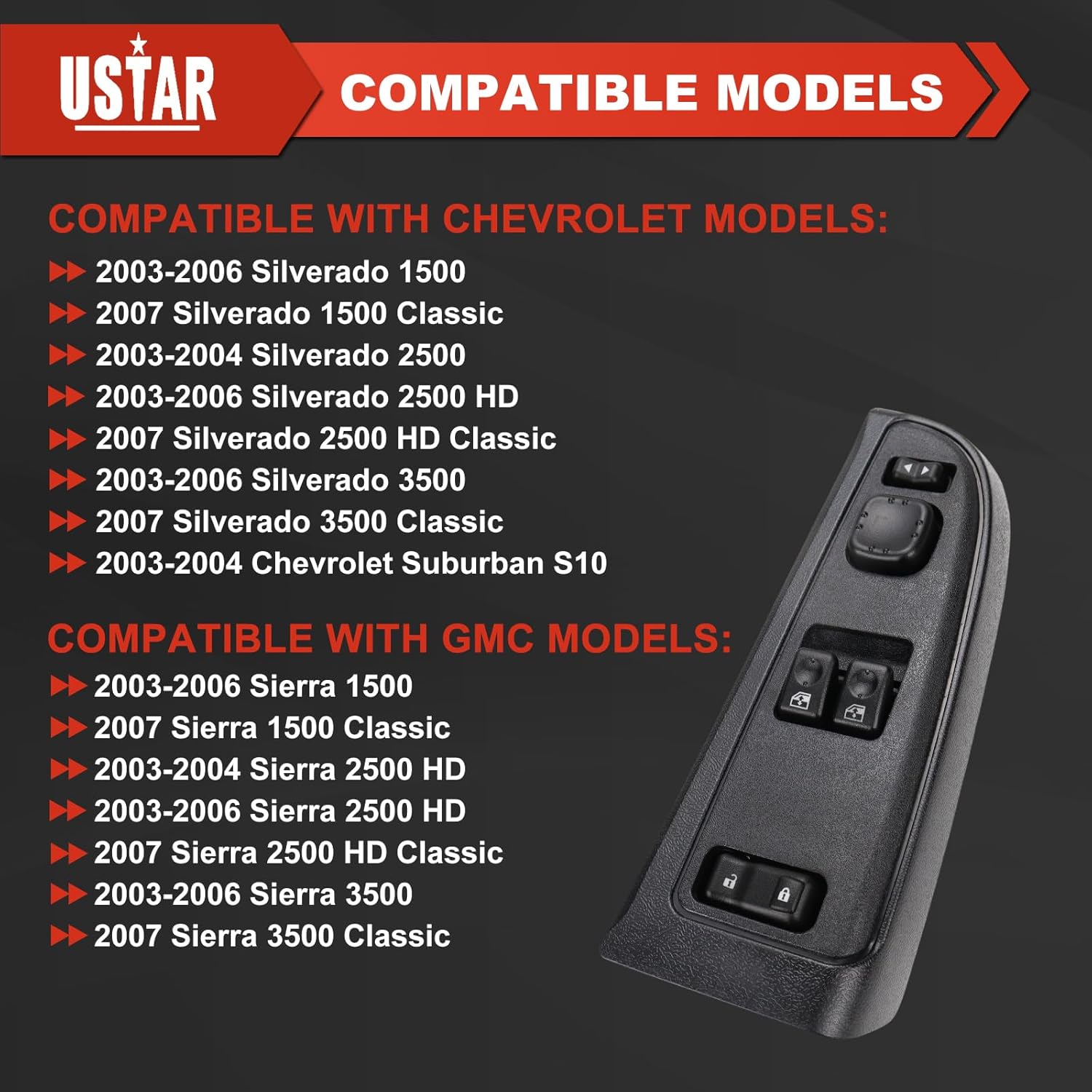 USTAR Driver Side Master Power Window Switch Compatible with Chevy Silverado 1500 2500 3500 2003-2007, GMC Sierra 1500 2500 3500 2003-2007 Replace 15883318, 920-023