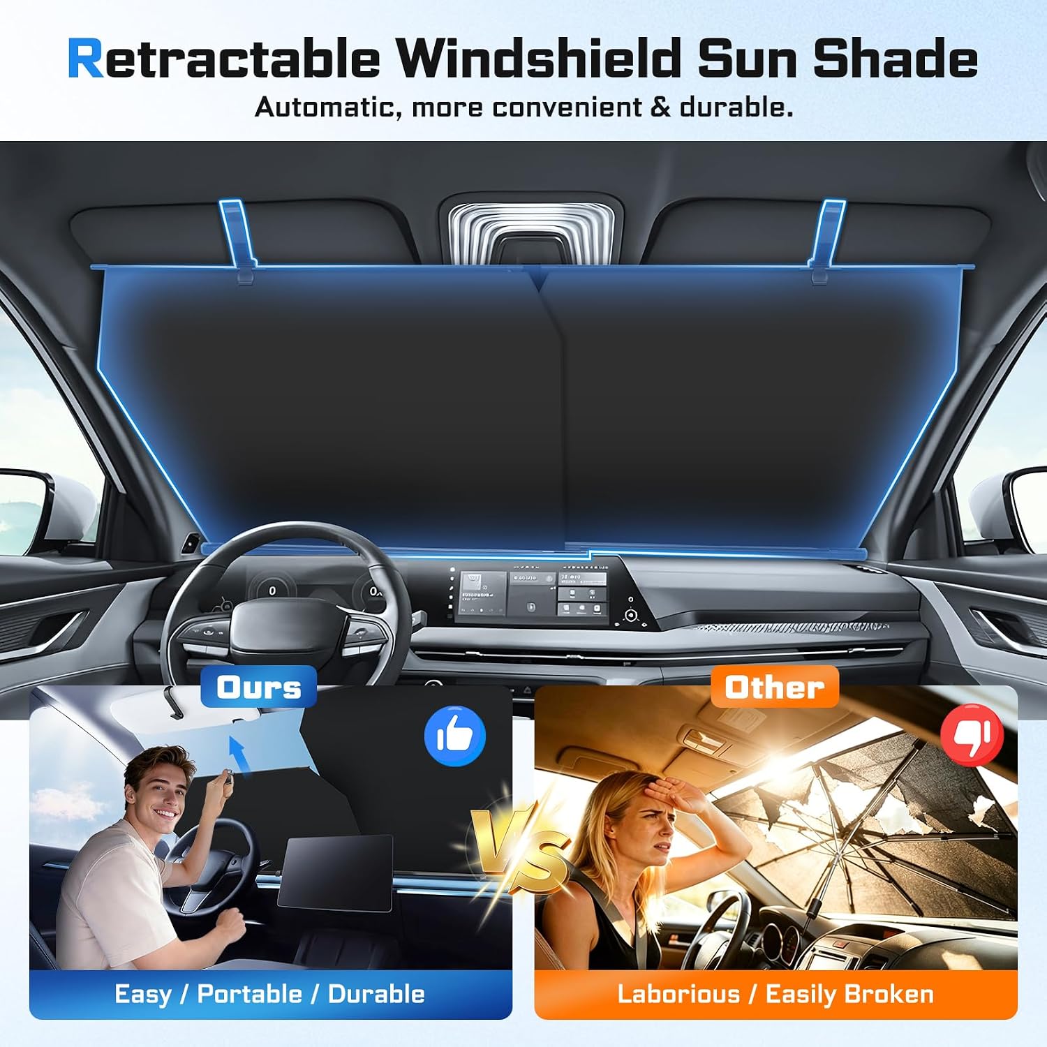 Retractable Windshield Sun Shade Automatic Car Sunshade for Windshield, UV & Heat Protection, Keep Cool and Protect Interior, Adjustable Universal Fit for Car Trucks SUVs (Not Fit for High Curve)