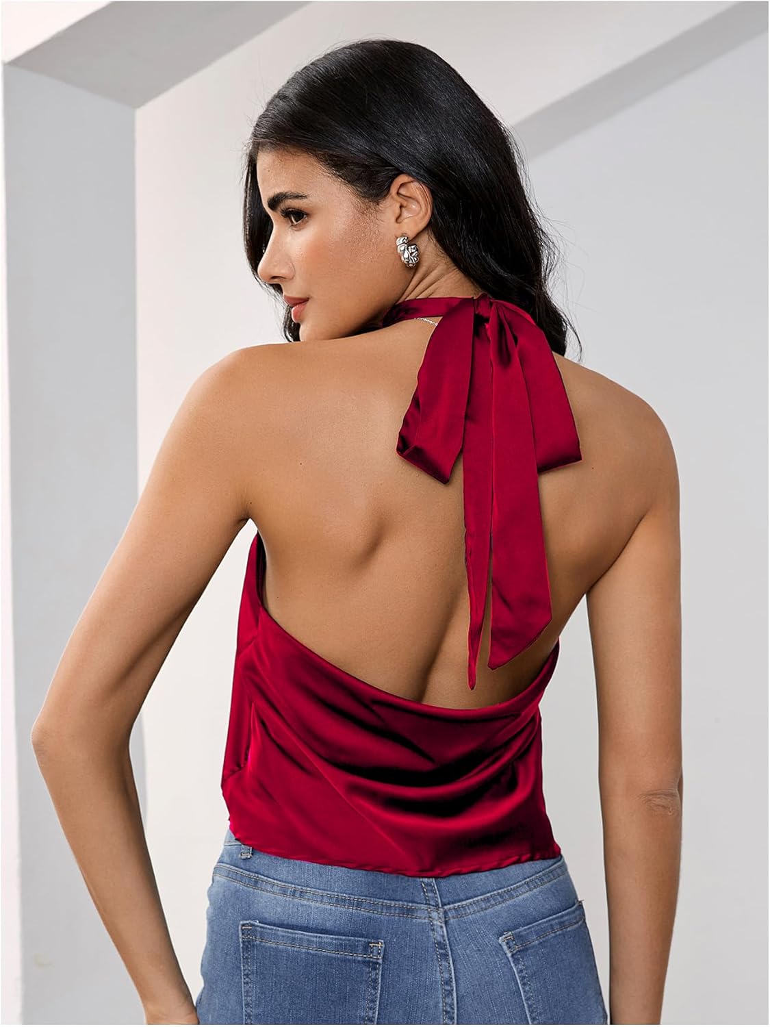 MAKEMECHIC Women's Satin Silk Halter High Neck Tops Backless Sleeveless Camisole Party Club Classy Going Out Top - Image 2